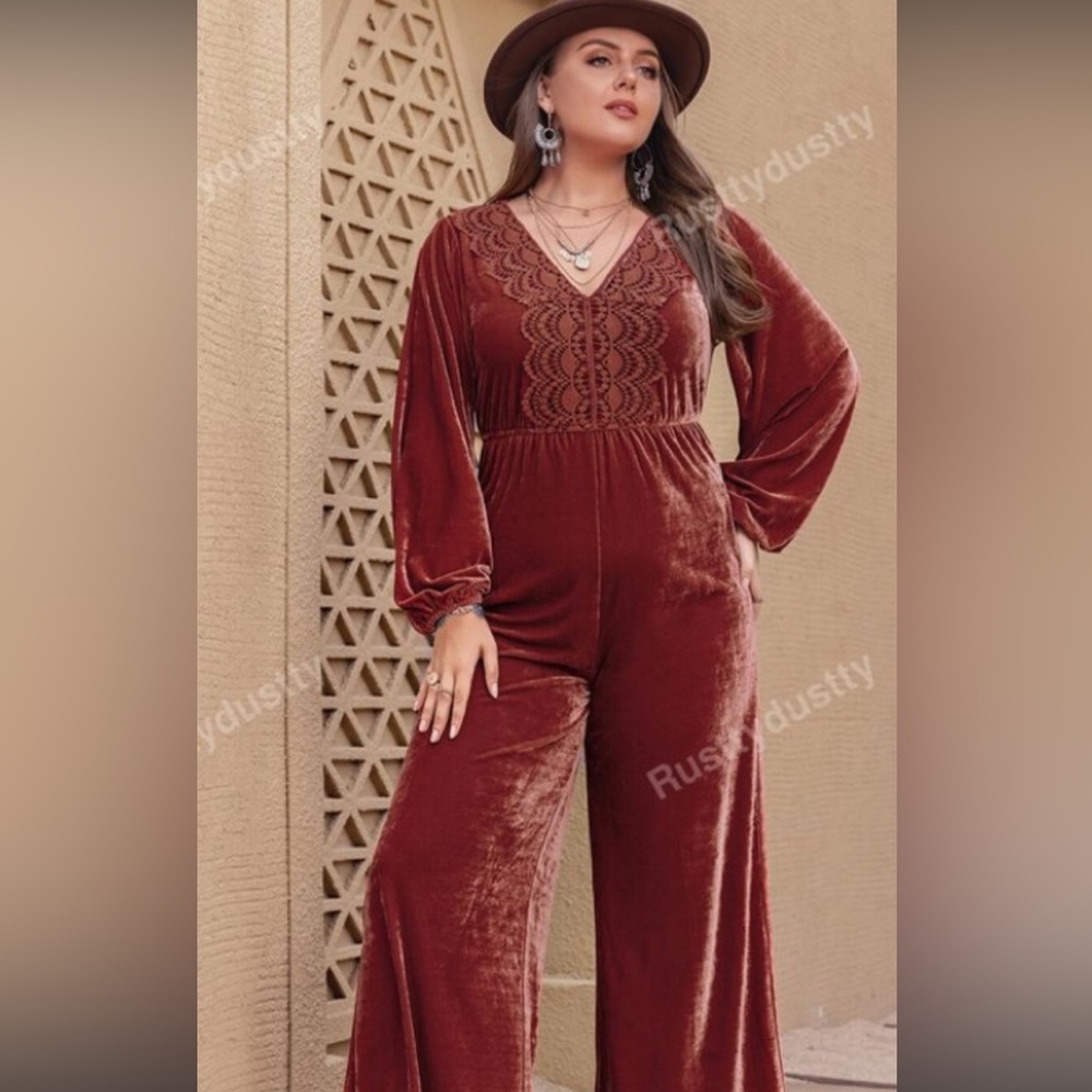 NWT Rusttydustty Lantern Sleeve Lace Trim Velvet Jumpsuit Size 1XL